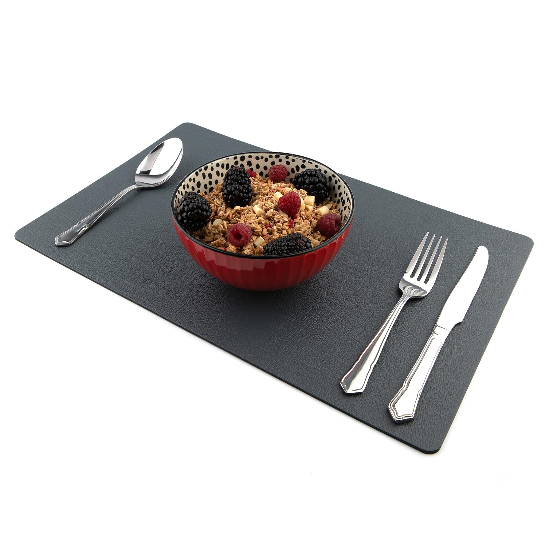 Sets of 4 Large Slate Grey Recycled Leather Placemats (42cm x 26.5cm). Made in The UK by Lara-May.