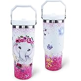 XUEHUAPIAOPIAO Elephant Mug 30 oz Tumbler with Handle Flip Straw Leak Proof - Elephant Gifts for Women 30oz Tumbler 30 Ounce Travel Coffee Mug - Birthday Gifts for Women Friend Daughter Lover