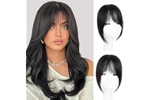 EINAEY Clip in Bangs, 100% Real Human Hair Natural Black Fake Bangs Clip in Hair Extensions French Bangs Fringe with Temples Hairpieces for Women Curved Curtain Bangs for Daily Wear