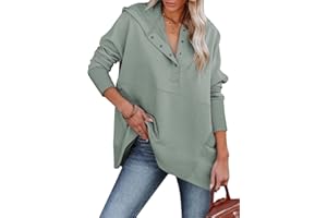 AlvaQ Women Casual Button V Neck Hoodies Oversized Pullover Sweatshirt Hooded Tops with Pockets