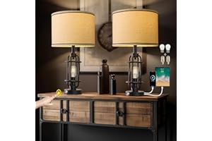 G-SAFAVA 23.75'' Industrial Black Metal Table Lamps Living Room Lamp for Nightstand Bedroom lamps Set of 2 Bedside End Side Table Lamps Home Decor Touch Lamp Modern Lamps With USB Port, Bulbs Included