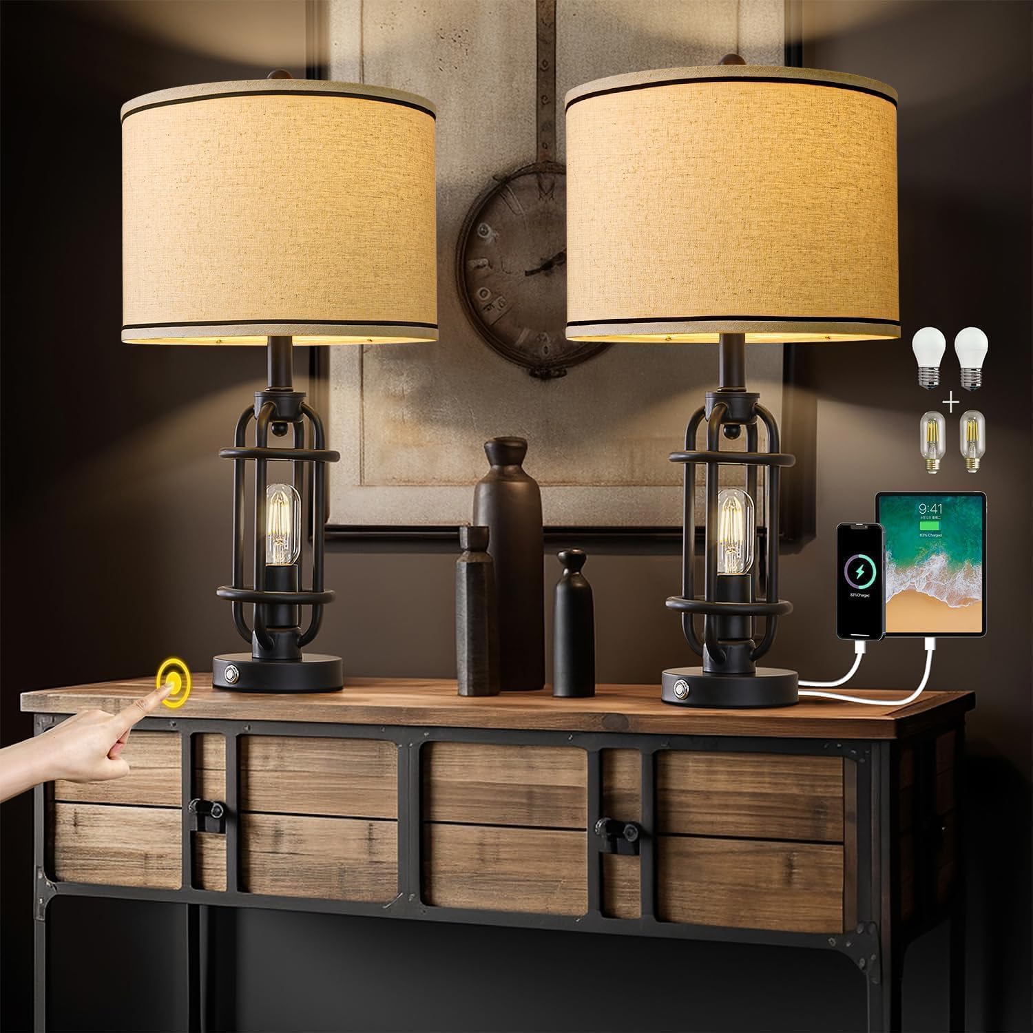 Photo 1 of G-SAFAVA 23.75'' Industrial Black Metal Table Lamps Living Room Lamp for Nightstand Bedroom lamps Set of 2 Bedside End Side Table Lamps Home Decor Touch Lamp Modern Lamps With USB Port, Bulbs Included