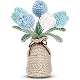 Marsui Crochet Knitting Tulip Bouquet with Vase 7" Knitted Artificial Forever Tulip Handmade Woven Flower with Exquisite Pot Gift for Valentine's Day Back to School Gift Family Home Desk Decor(Blue)
