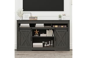 FansaFurn Farmhouse TV Stand for 65+ Inch TV, 34'' Tall Entertainment Center with Sliding Barn Doors, Rustic Wood Media Console Storage Cabinet Television Stand for Living Room, Bedroom (Dark Grey)