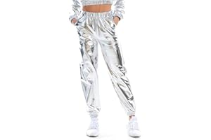 FEOYA Women Holographic Metallic Joggers Shiny Pants Sparkly Athletic Trousers Sweatpants Wet Look Rave Clothes Costume