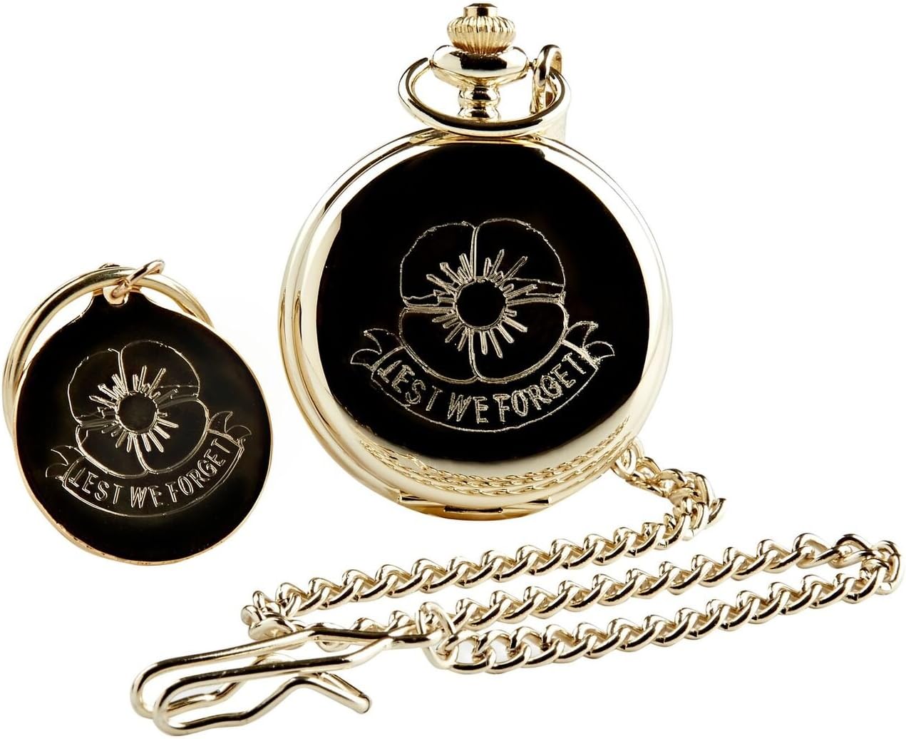 Remembrance Day Gold Poppy Set Gift Pocket Watch and Keyring 24 Carat Gold Plated Lest We Forget