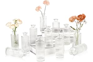UPBUD Glass Bud Vases Set of 12, Mini Ribbed Flower Vases for Centerpieces, Small Glass Vases in Bulk for Wedding Decorations, Vintage Vases for Table, Recepetion, Housewarming Gift, Home Décor(Clear)