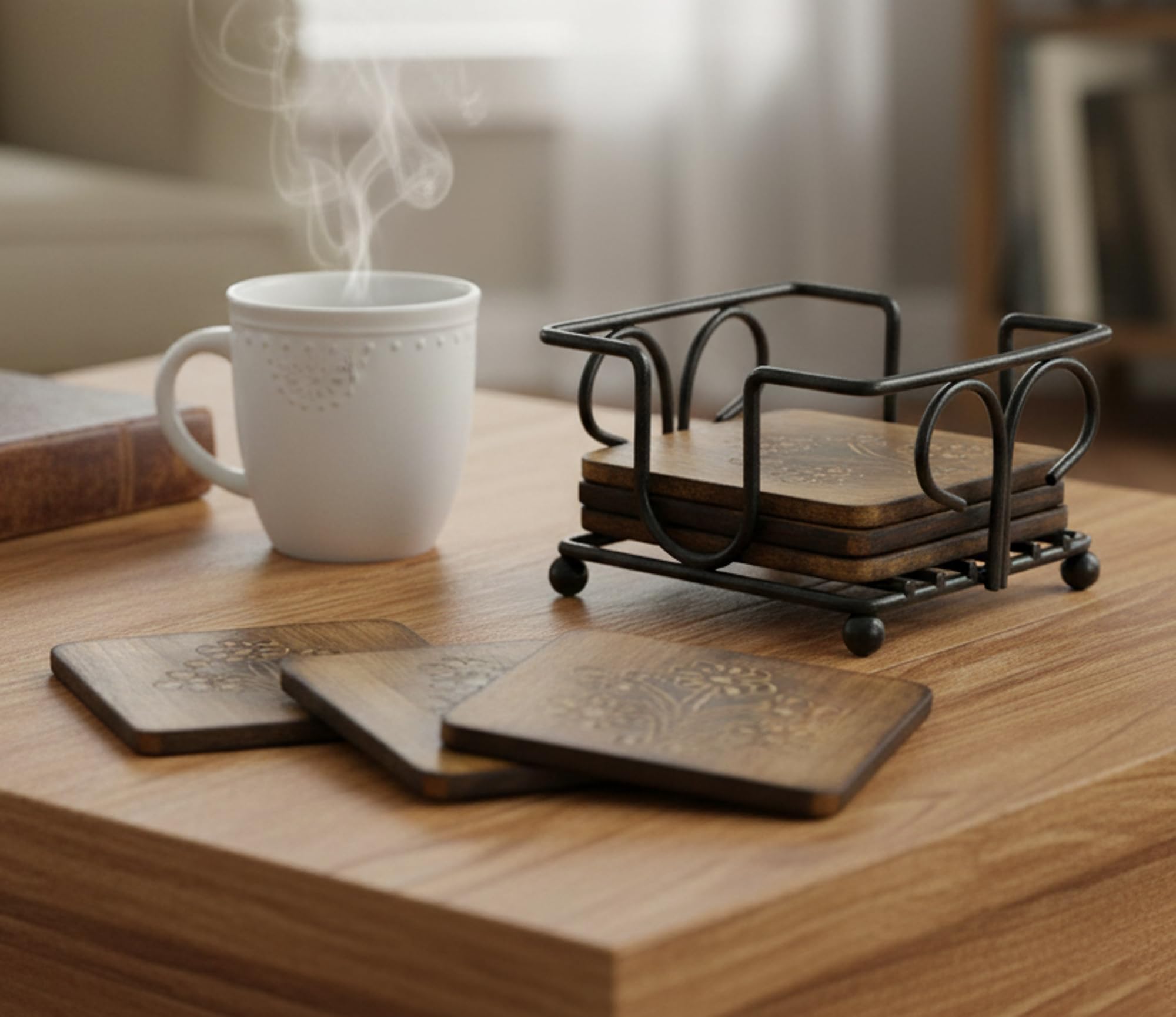 StonKraft Wooden Tea Coffee Coasters / Rustic Vintage Look Coasters Set with Wrought Iron Holder