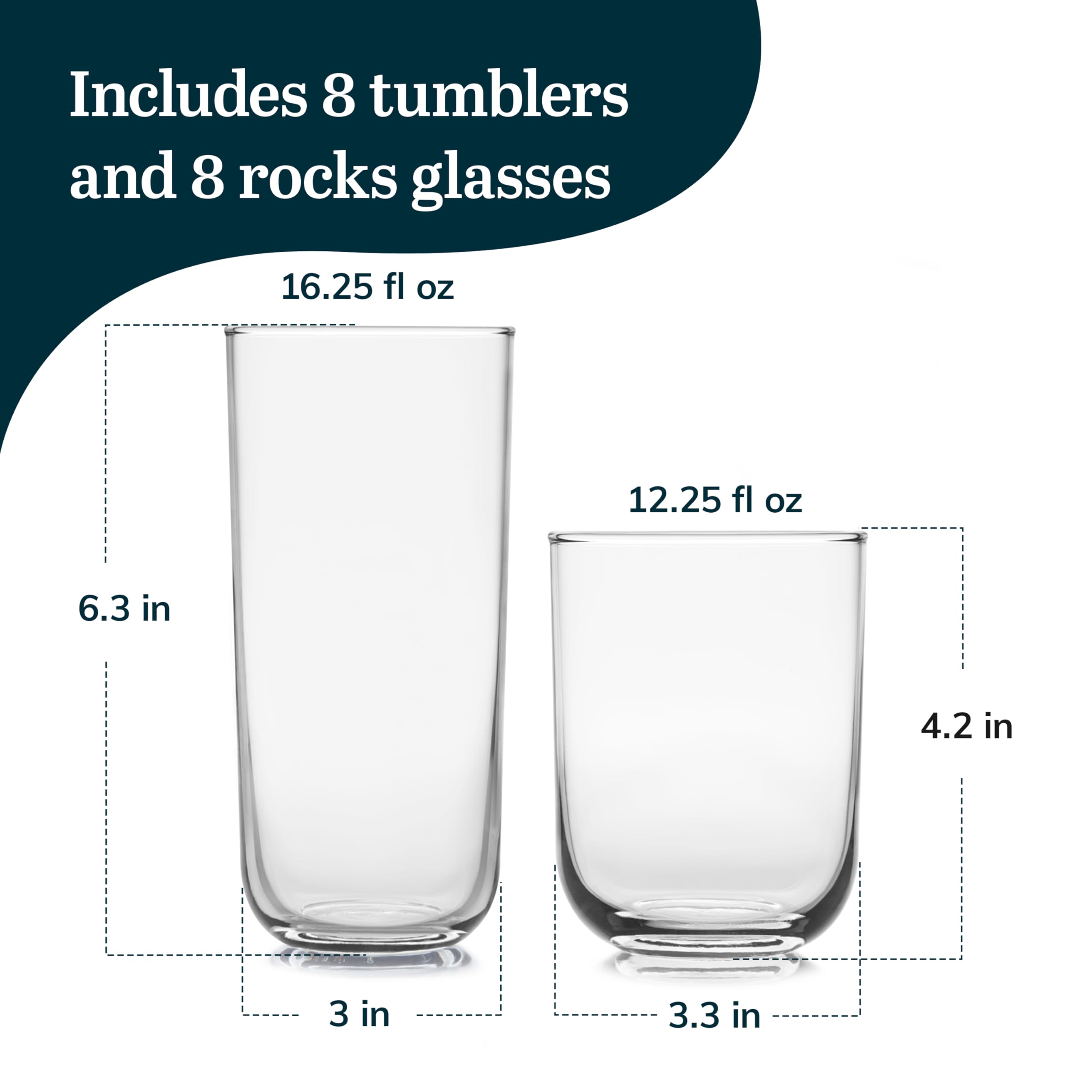 Libbey Polaris Tumbler and Rocks Glass Set, Elegant Drinkware Glasses Set, Lead-Free Tall Drinking Glasses with Modern Clean Lines, Dishwasher Safe Drinking Glasses Set of 16, Axis