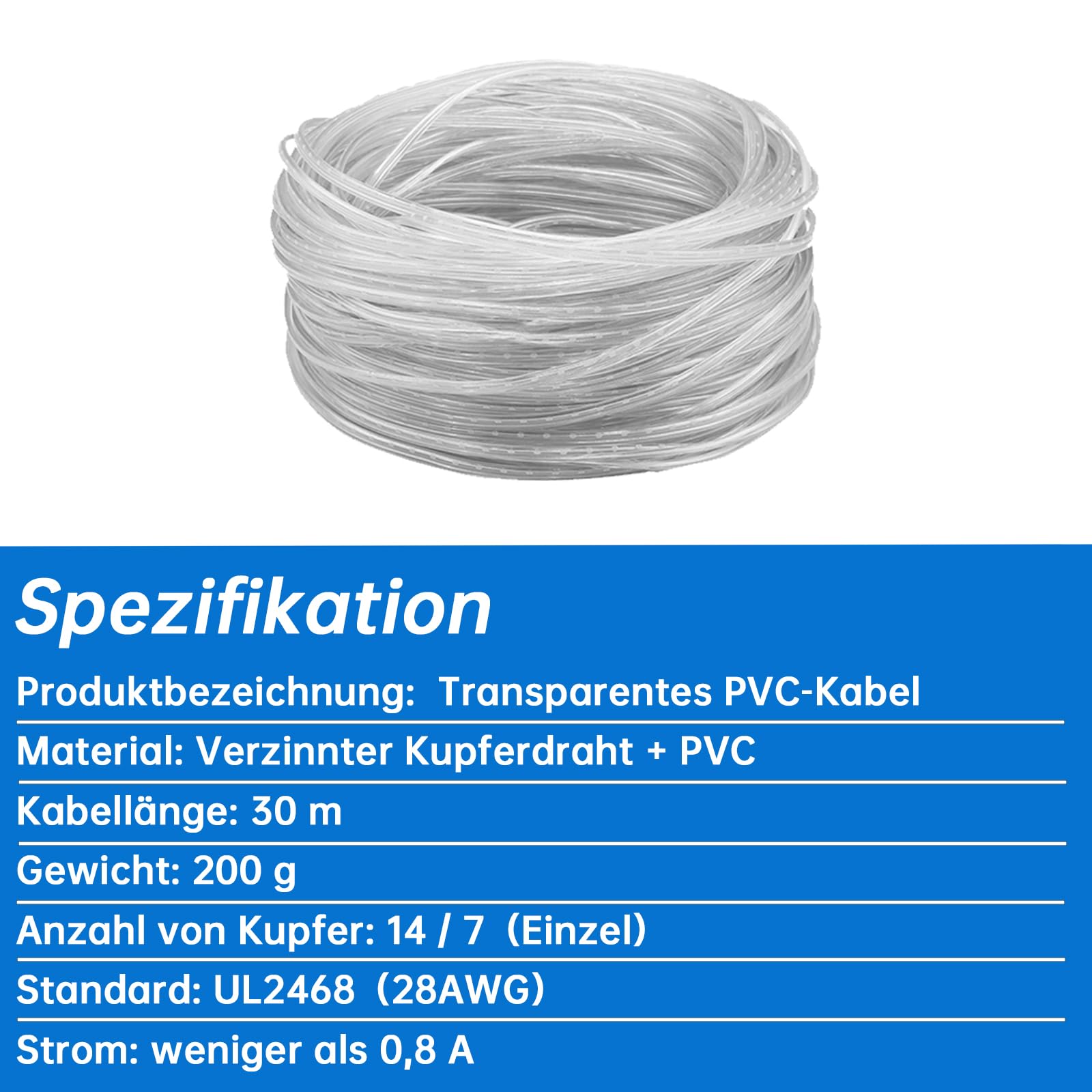 30M Durchsichtige Leitung 28AWG 2 Adriges PVC Kabel Transparent Elektrokabel 2 Kern Transparent Cable, Außendurchmesser 1.6 * 3.2mm Für Leuchten, Lichtkette 5