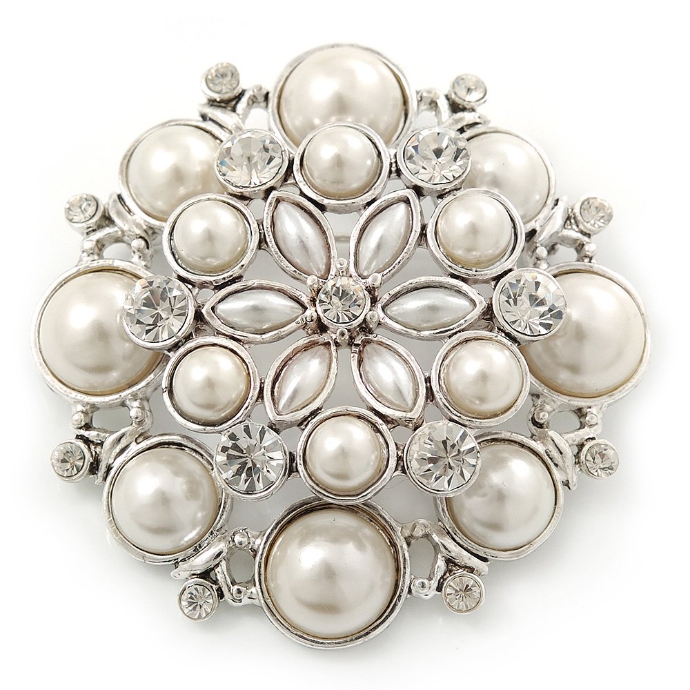 Large Layered Bridal Simulated Pearl, Crystal Brooch In Rhodium Plating - 60mm Diameter