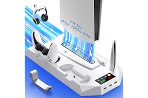 JORREP Cooling Station for PS5 & PS5 Slim Console Disc/Digital Edition, Stand Compatible with PlayStation 5, Charging Station with Dual Controller Charger, 3 Levels Cooling Fan, 3 USB Hubs & Headset Holder