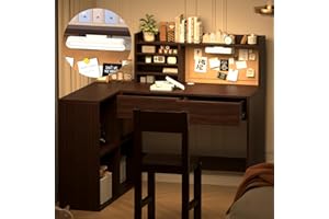 NKUGCFC Kids Study Desk with 3-Color Lights,with Drawers and Shelves,KidsDesk with Bulletin Board, 41in*31in Espresso Kids Desk and Chair Set for 5-12 Year Old, Kids Corner Desk and Chair set-Rj40