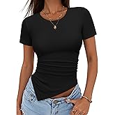 ZESICA Asymmetrical Tops for Women Ruched 2026 Summer Short Sleeve Going Out Blouse Dressy Casual Shirts