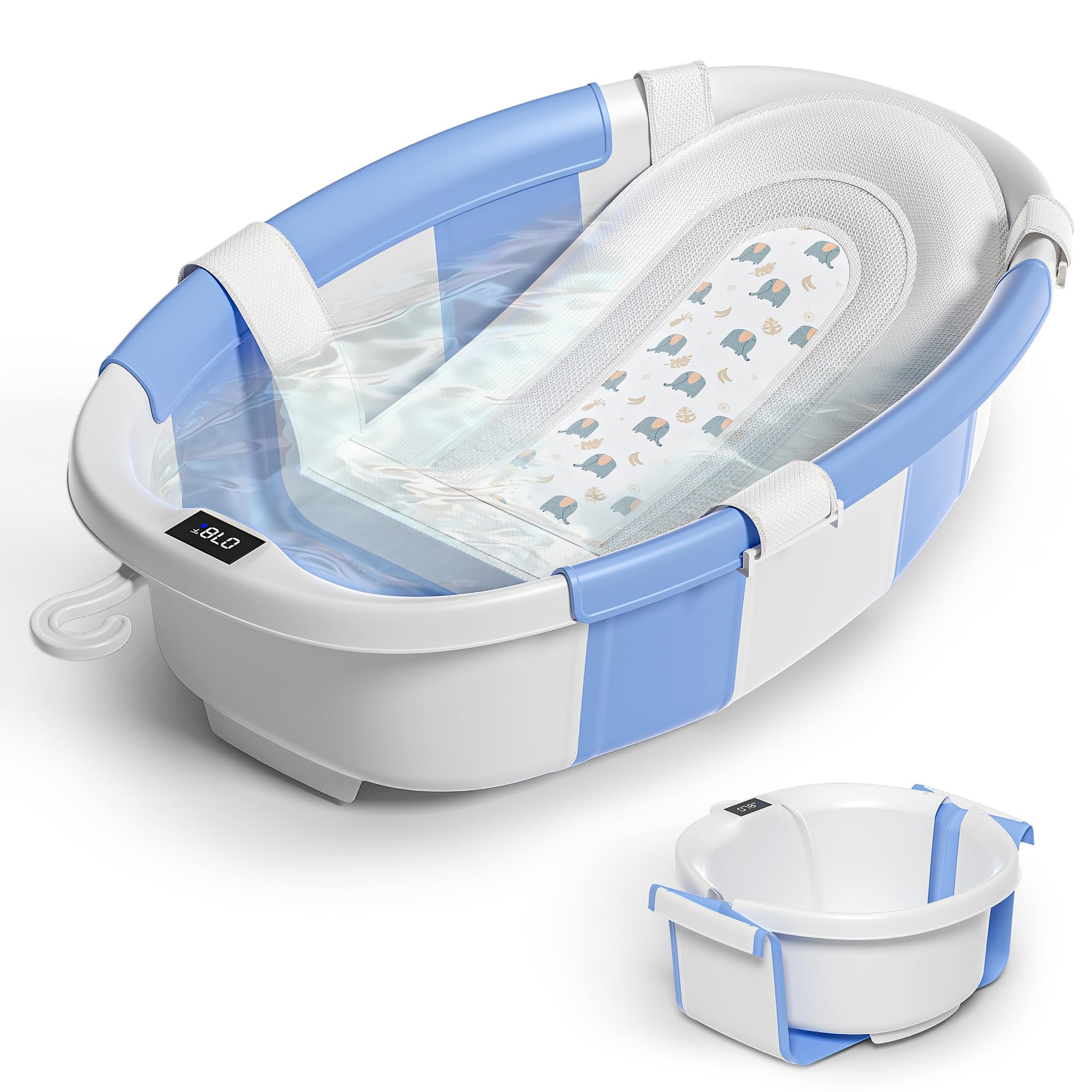 Photo 1 of **MISSING ASSEMBLY PIECES** Collapsible Baby Bathtub for Newborn to Toddler 0-36 Months,Spacious Foldable Infant Bath Tub with Thermometer,Cushion & Drain Hole,Portable Travel Tub, Baby Shower Gift Blue