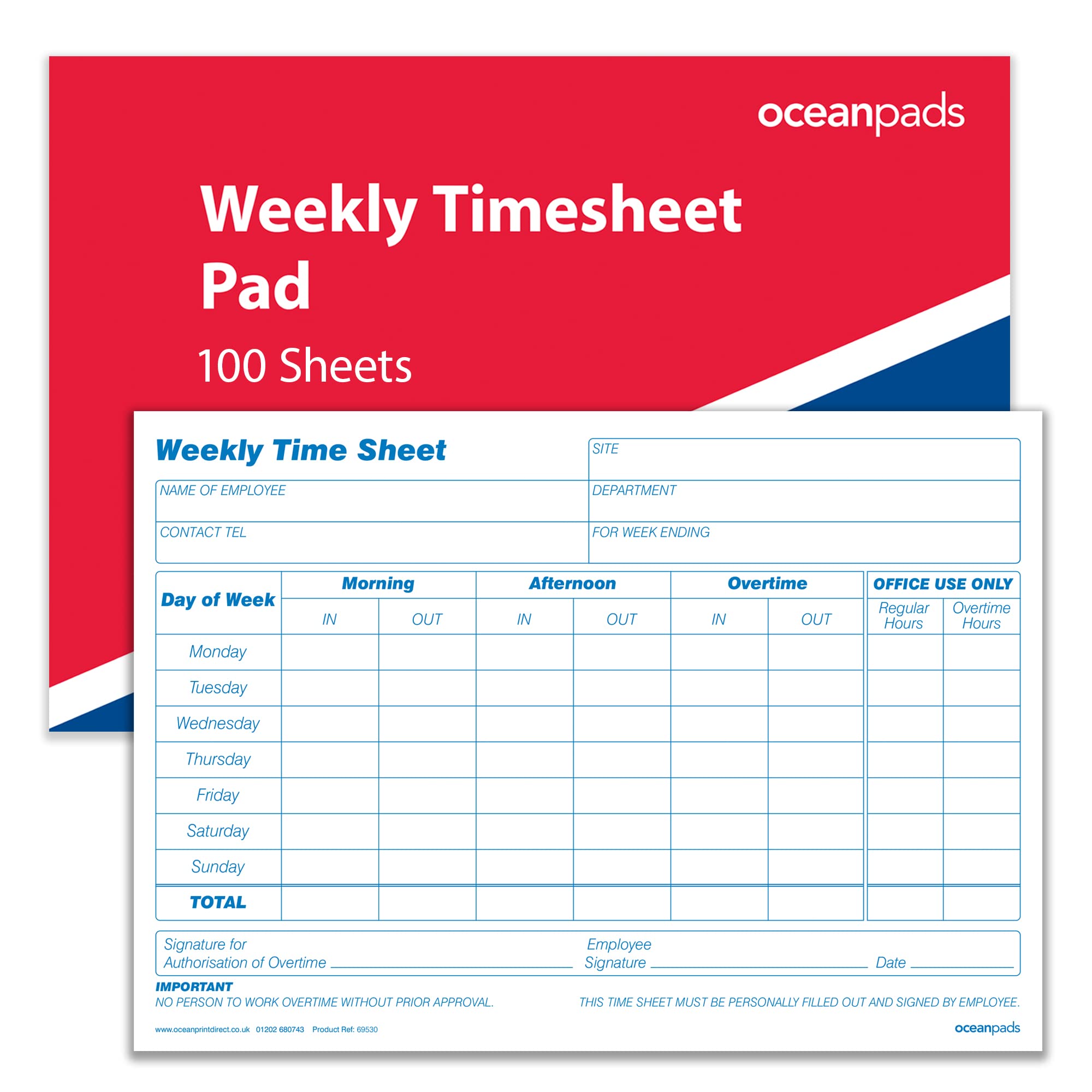 Weekly Employee Timesheet Pad, 1-Part 80gsm Paper (69530)