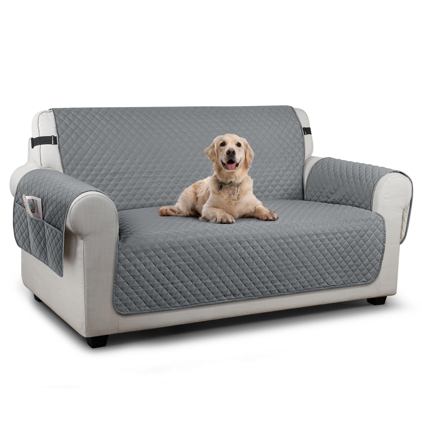 TAOCOCO Sofa 2 Seater Cover,Couch Covers with Storage Pockets,Anti Slip Settee Chair Covers,Machine Washable Sofa Protector for Dogs(Dark Grey)