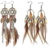 2 Pairs Brown Dream Catcher Feather Earrings for Women Bohemian Vintage Tassel Drop Dangle Earrings Ethnic Long Fringe Dreamcather Earring for Women Ear Jewelry - QC