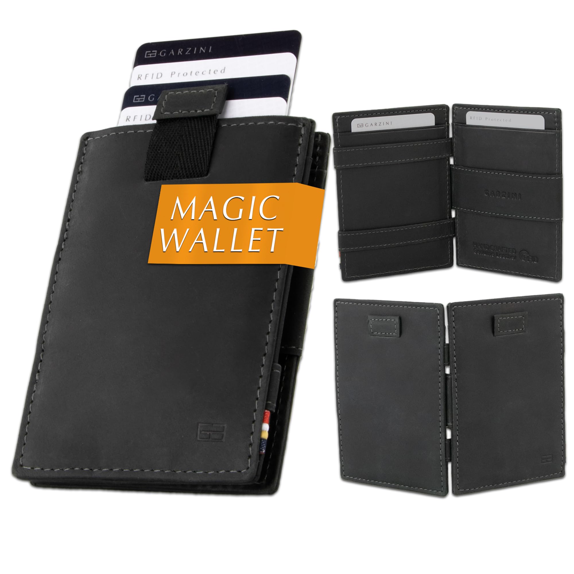 Garzini Magic Wallet with Pull-Tab, Mens Wallet Leather, ID Card Holder RFID Blocking, Slim Wallet for Men for 12 Cards, Carbon Black