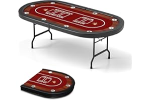 COLOR TREE 91" Extra Large 10 Player Foldable Poker Table, Texas Blackjack Holdem Poker Table with Cup Holders, Folding Wood Grain Casino Leisure Card Board Game Table with Padded Rails, Stylish Red Design