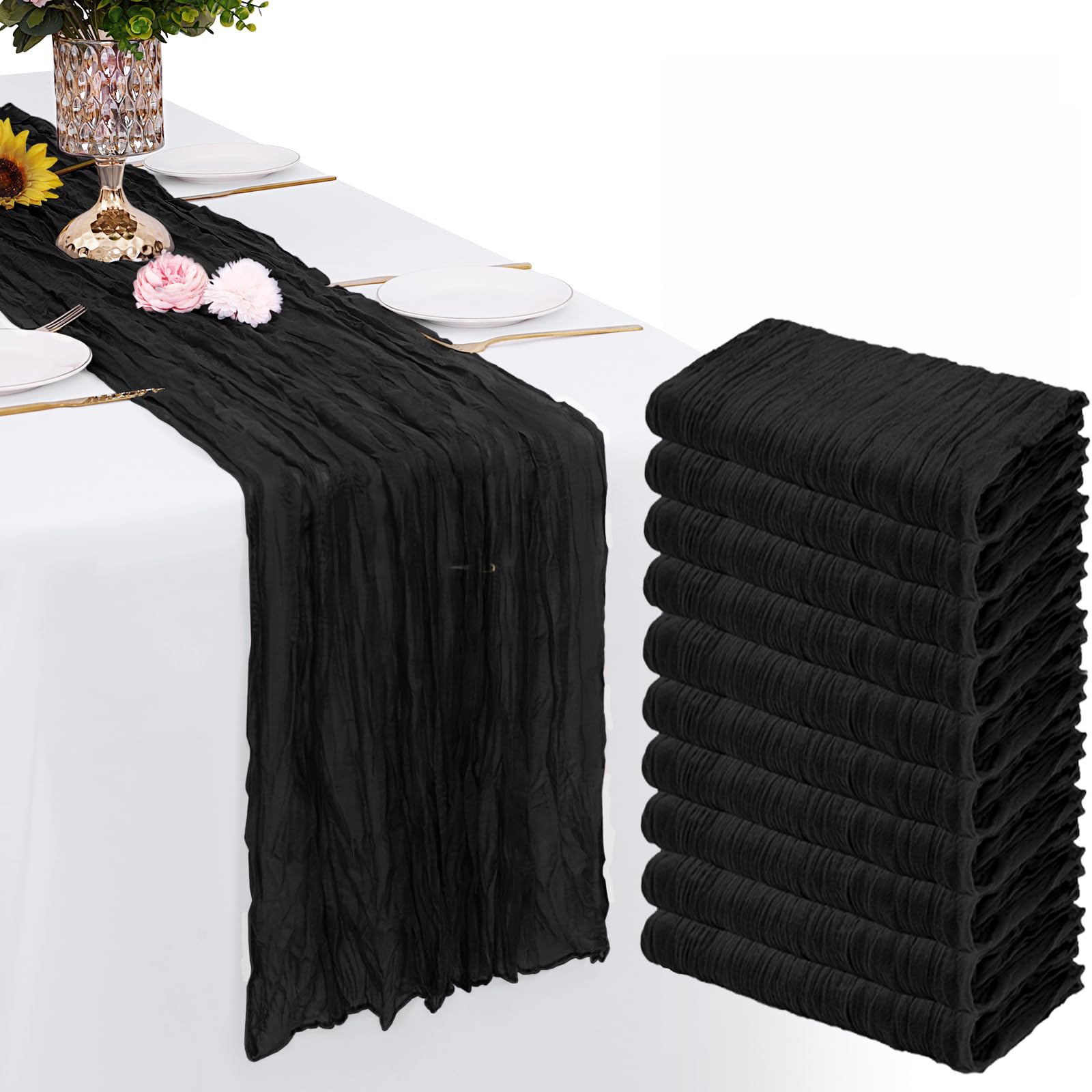 Photo 1 of 10 Pack Black Cheesecloth Table Runner Gauze Rustic Sheer 35 x 70 inch Black Cheese Cloth Table Runners for Wedding Party Bridal Shower Decor