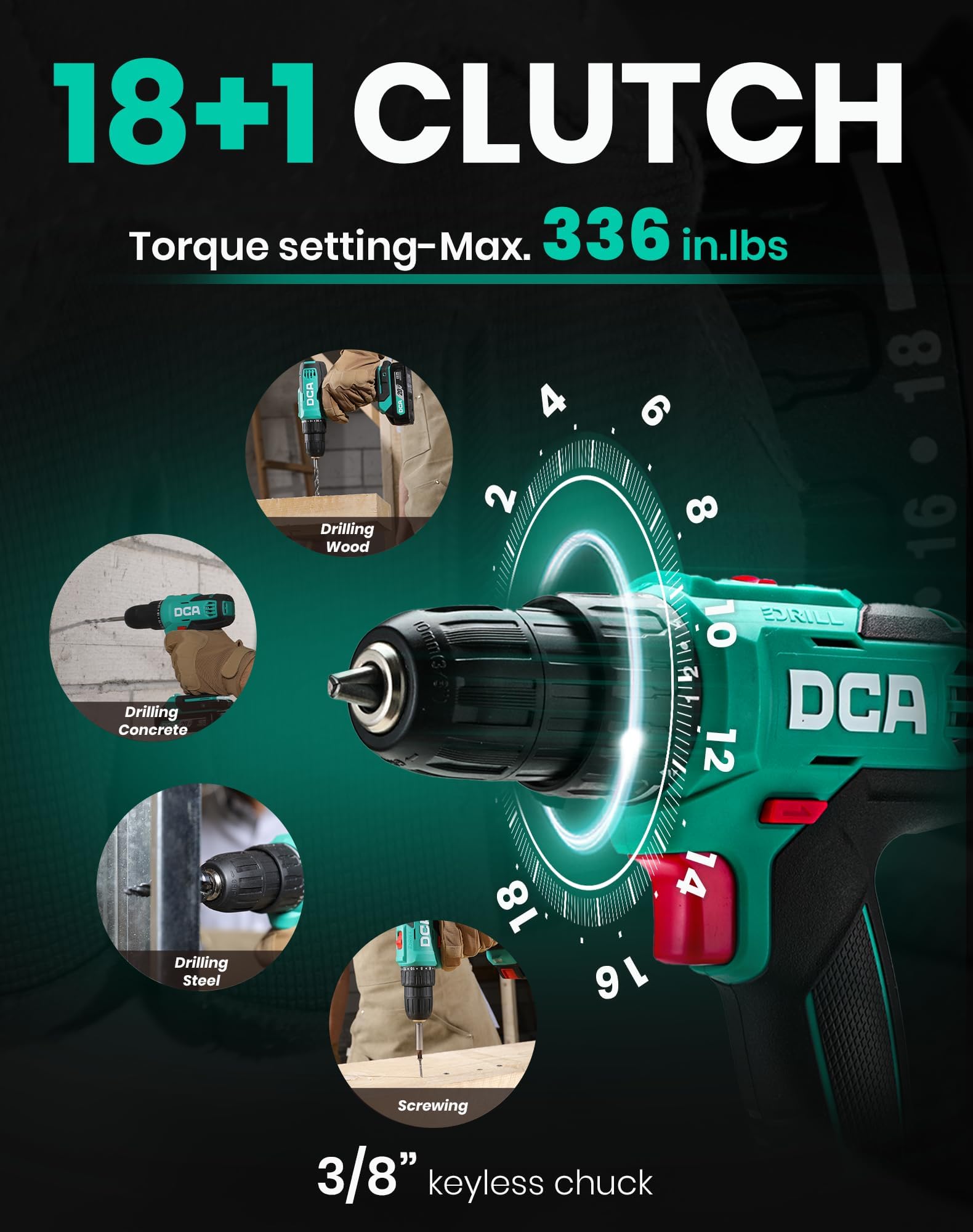Cordless Drill Set, 354 in-lbs Torque, 3/8