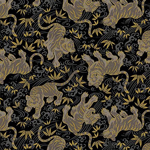 Tora Collection - Black / Gold Tigers Asian Japanese Quilt Fabric (By the Half Yard)