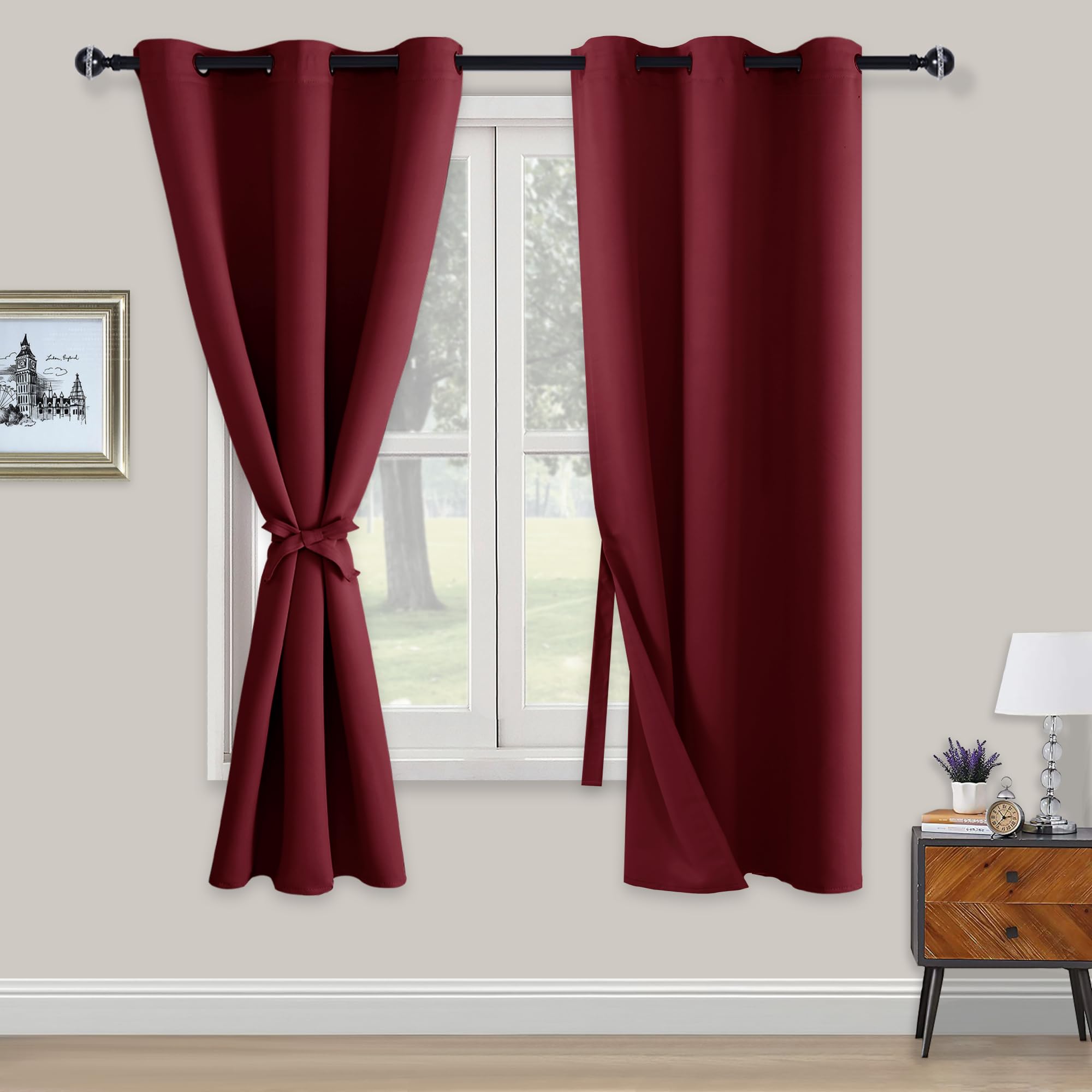 XWZO Blackout Curtains Shades Window Curtain Panels with Tiebacks- Noise Reduction and Thermal Insulated Eyelet Curtains for Bedroom,Living Room,Office,Study Room Burgundy W46xL72
