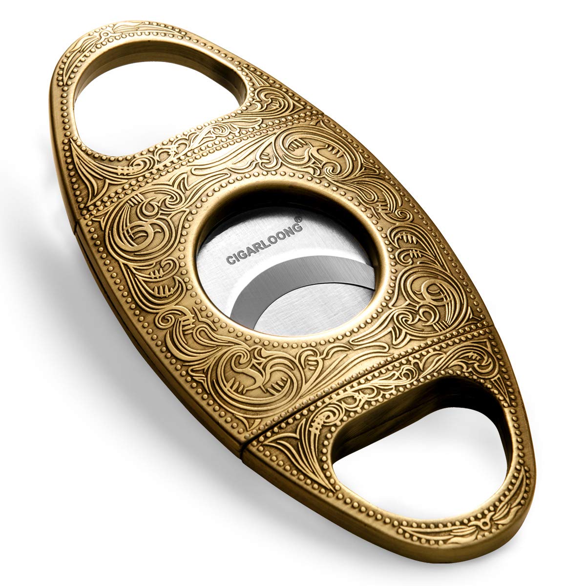 CIGARLOONG Cigar Cutter Stainless Steel Bronze Engraved Double Cut Blade Cigar Guillotine (Gold)