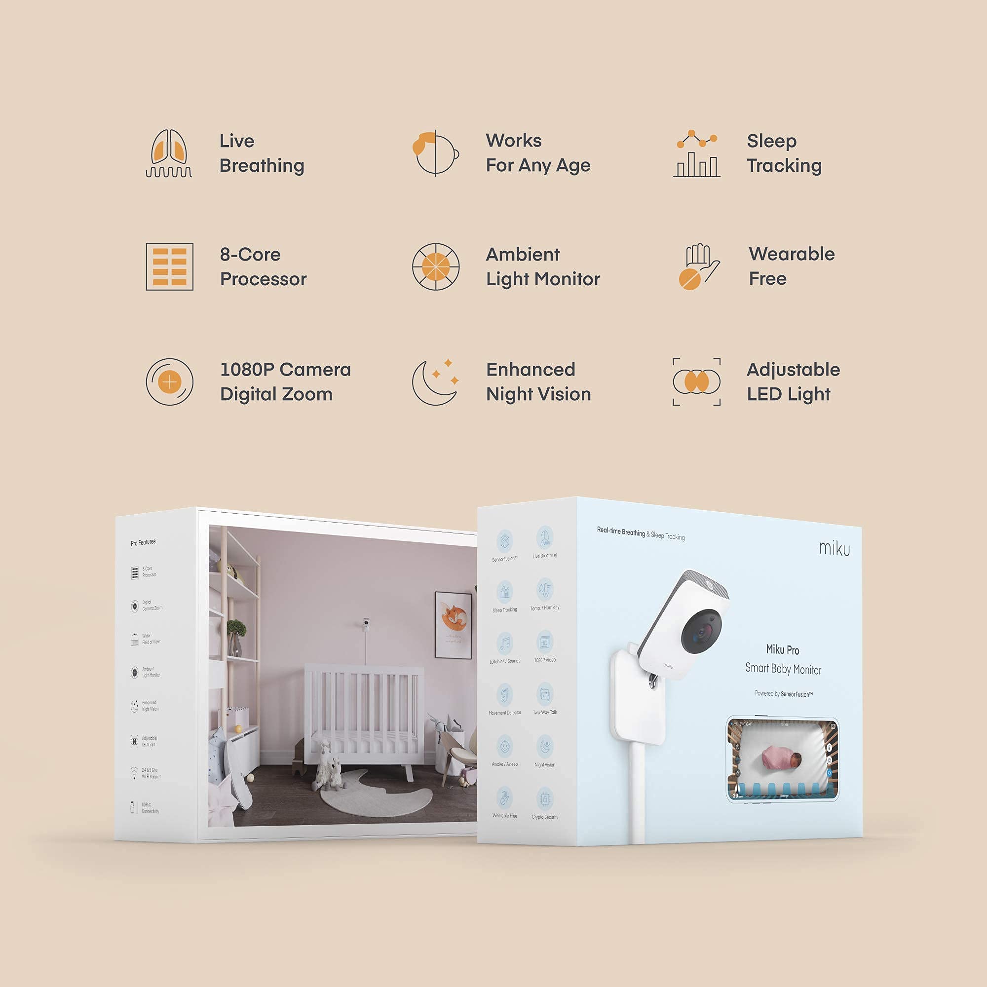 Miku Pro Contact-Free Breathing & Sleep Tracking Monitor - Real-Time Smart Baby Monitor & Wall Mount - HD Video Baby Monitor with Camera & Audio, Night Vision, Humidity & Temperature - Two-Way Talk