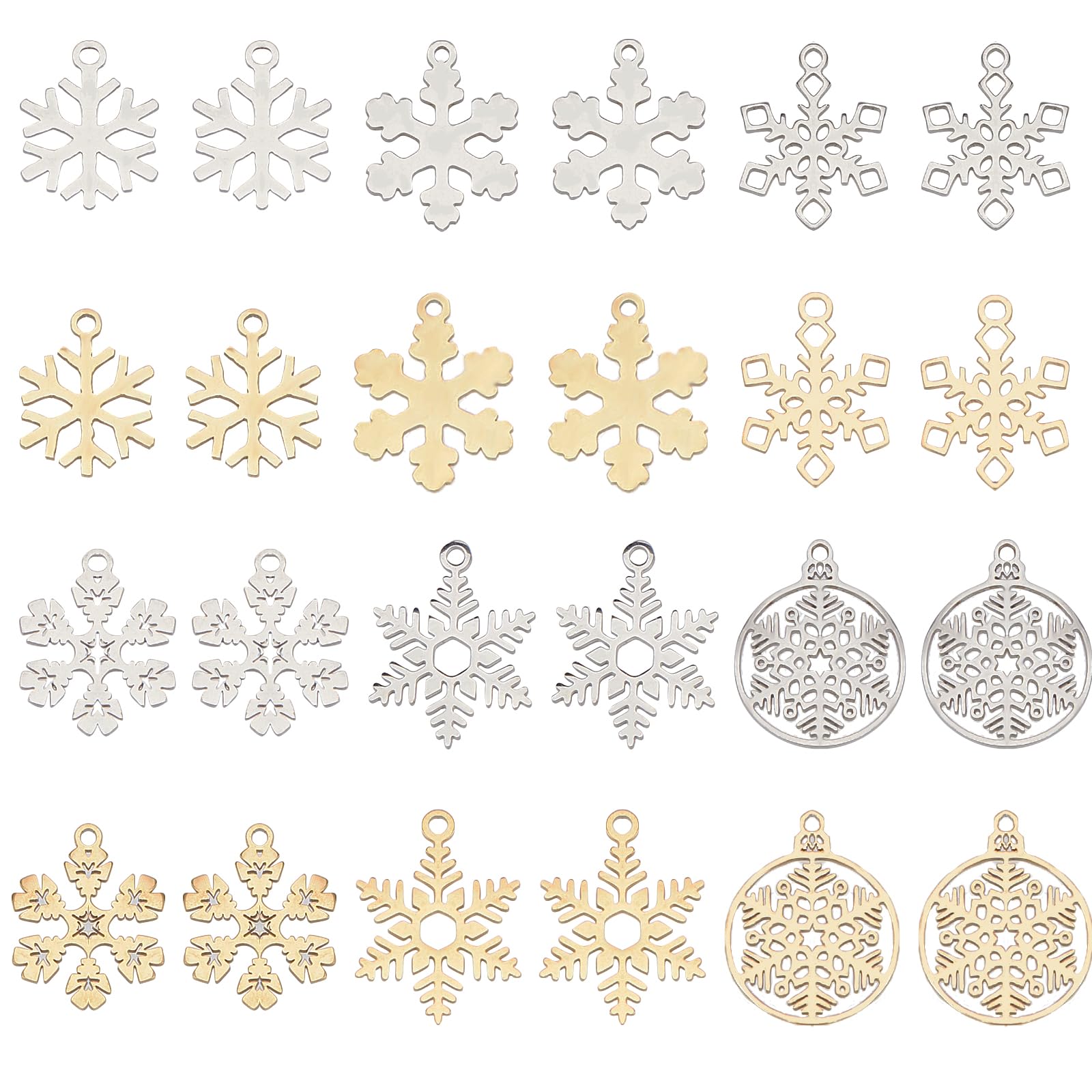 SUNNYCLUE 1 Box 24Pcs Snow Charms Snowflake Charms Christmas Winter Stainless Steel Charm Golden Silver Color Flat Round Double Sided Hollow Charms for jewellery Making Charm DIY Earrings Gifts