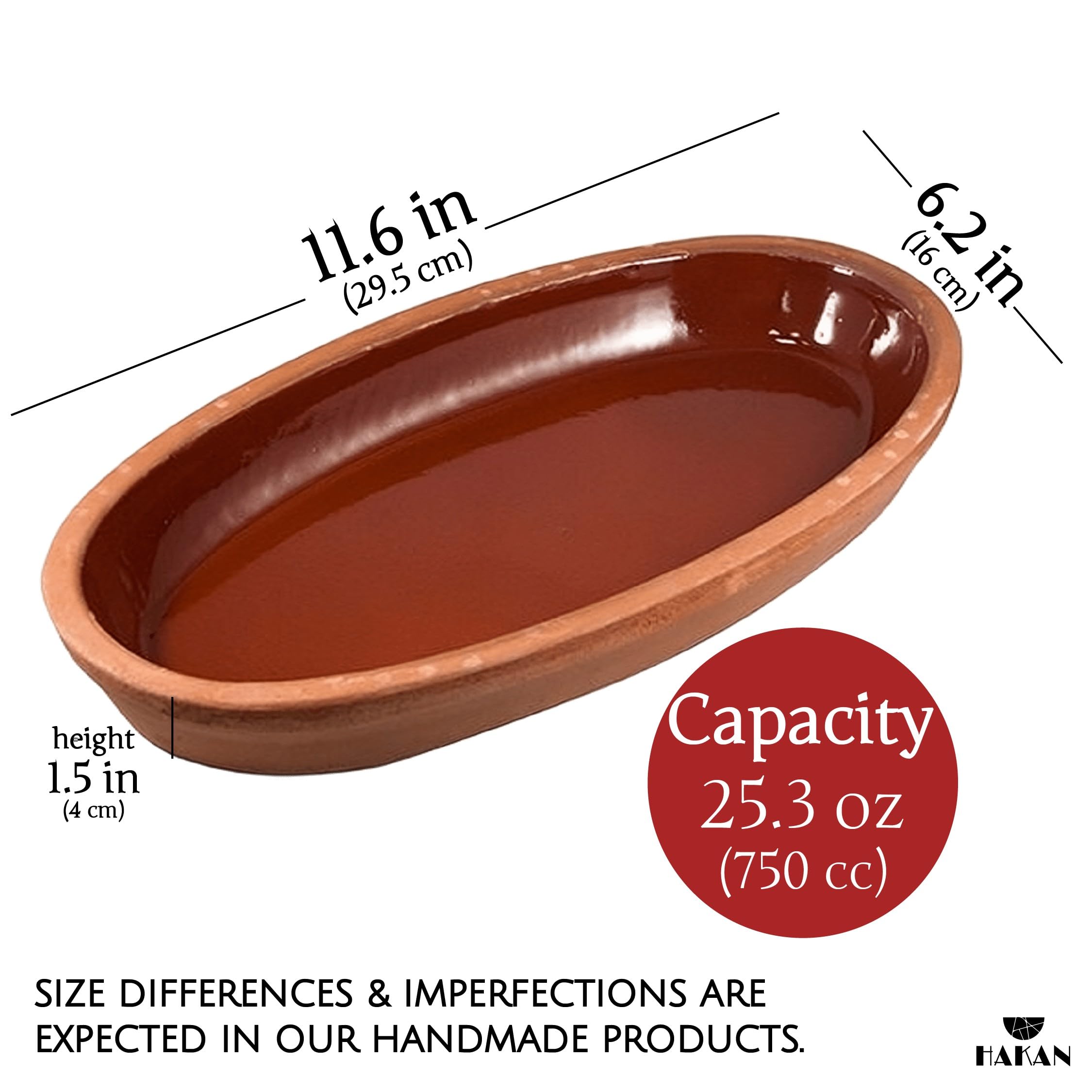 Hakan Bergama Handmade Oval Clay Pan Set of 2 | Terracotta Pans Glazed Inside | Casserole Dishes for Oven Baking | Traditional Earthenware Clay in Box, Large, 6.2 x 11.6 x 1.5-inch 25.3 Oz (750 cc)