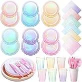Iridescent Pastel Plates and Napkins Serve 25, Pastel Rainbow Holographic Party Plates Supplies, Disposable Paper Plates Napkins Cups Knives Forks for Birthday Wedding Baby Shower Party Decorations