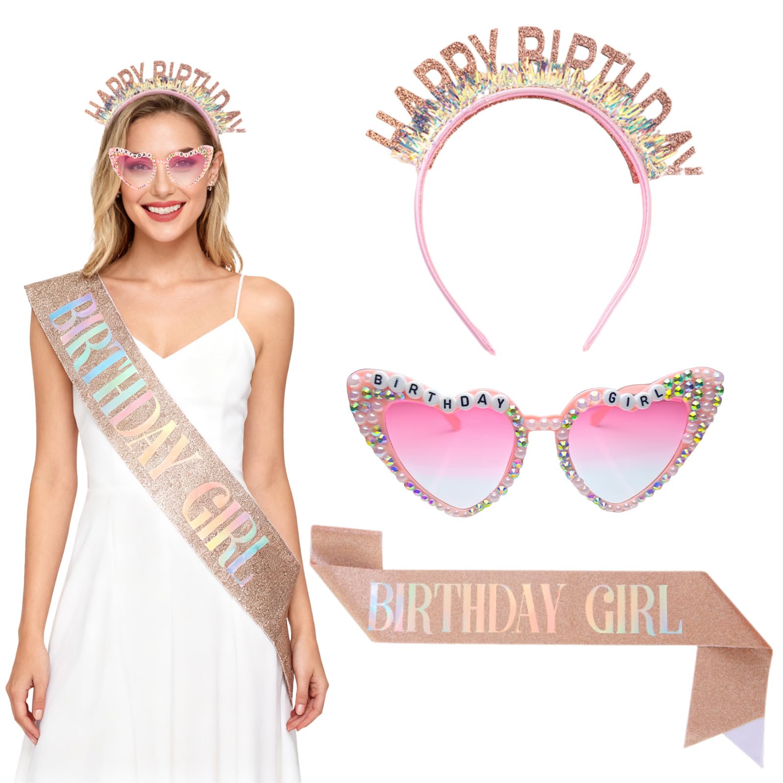 Werownsgso 3 PCS Birthday Girl Accessories Kit Glitter Pink Sash Birthday Headband Heart Shaped Glasses Happy Birthday Accessories for Girl Women Party Supplies