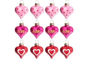 DN DECONATION 12Pcs Heart Ornaments Set, 3 Style Pink Red Heart Baubles for Valentine's Day Wedding Party Decorations, Hangin