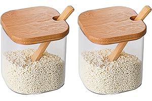 FANTESTICRYAN Glass Condiment Canister Pots with Bamboo Lids and Spoons, Kitchen Condiment Canisters, Set of 2 (Square)