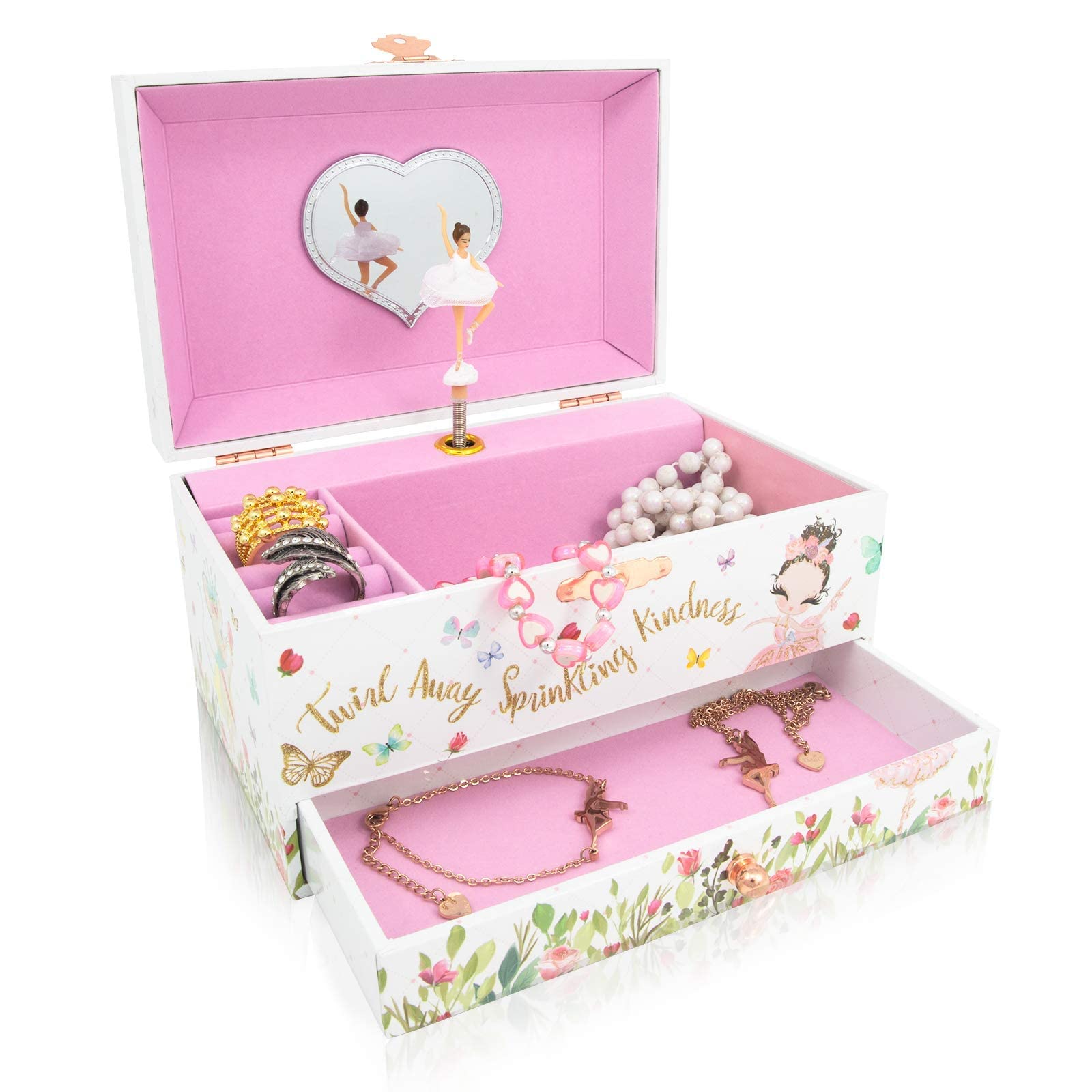 The Memory Building Company Ballerina Musical Jewelry Box, Classic Melody, Storage Organizer Kids Ages 6-12, Wood Construction w/ 2 Compartments