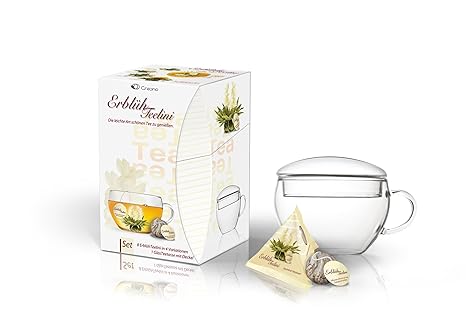 Creano ErblühTeelini Teeblumen Geschenkset mit Teeglas und 8 Teeblumen im Tassenformat |Weißer Tee