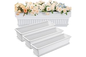 FillTouch 6 Packs 27 Inch Window Flower Box Extra Large Window Sill Herb Garden Long Rectangle Planter Plastic Boxes Outdoor with Drainage Trays for Balcony Windowsill Patio Garden