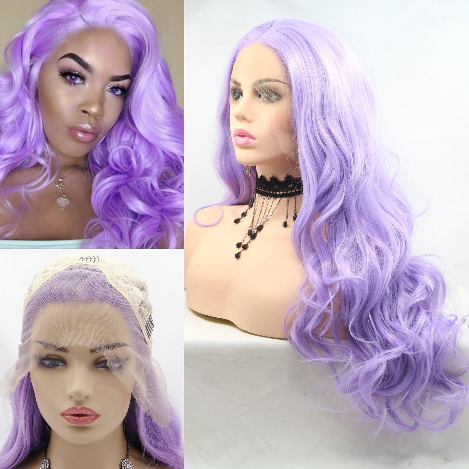 3x13" Long Wave 24" Pastel Lilac Purple Wig Ladies Party Cosplay Travel Light Purple Synthetic Lace Front Wigs for Women Daily Use Drag Queen Body Wave Purple Wigs Natural Hairline