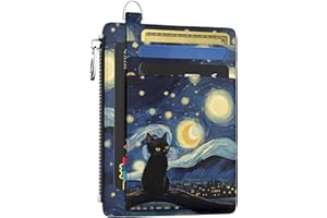 Hancynir Slim Wallet Women Credit Card Holder Black Cat Starry Night RFID Small Mini Card Case Front Pocket PU Leather Thin Travel Zipper Coin Cash ID Window Girls Wallet Gifts