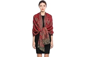 Women Pashmina Scarves Luxury Winter Scarf Paisley Shawl with Fringe Reversible Large Blanket Wrap 78.5" X27.5"(Red)