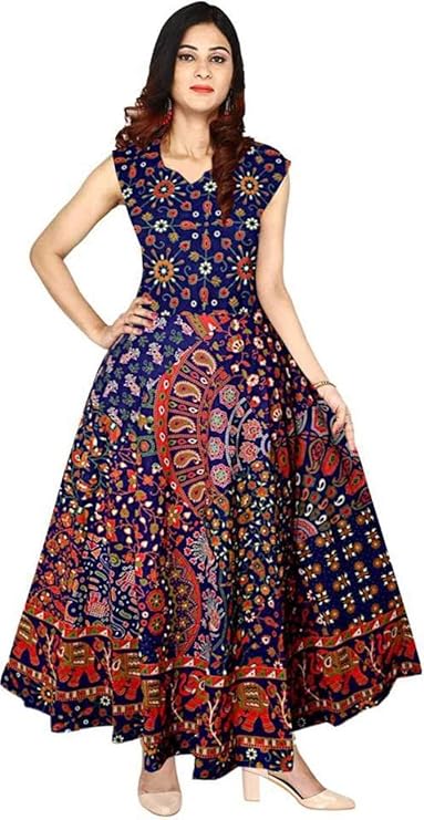Womens' Multicolor Jaipuri Rajasthani Printed Cotton Maxi Frock Long Kurti