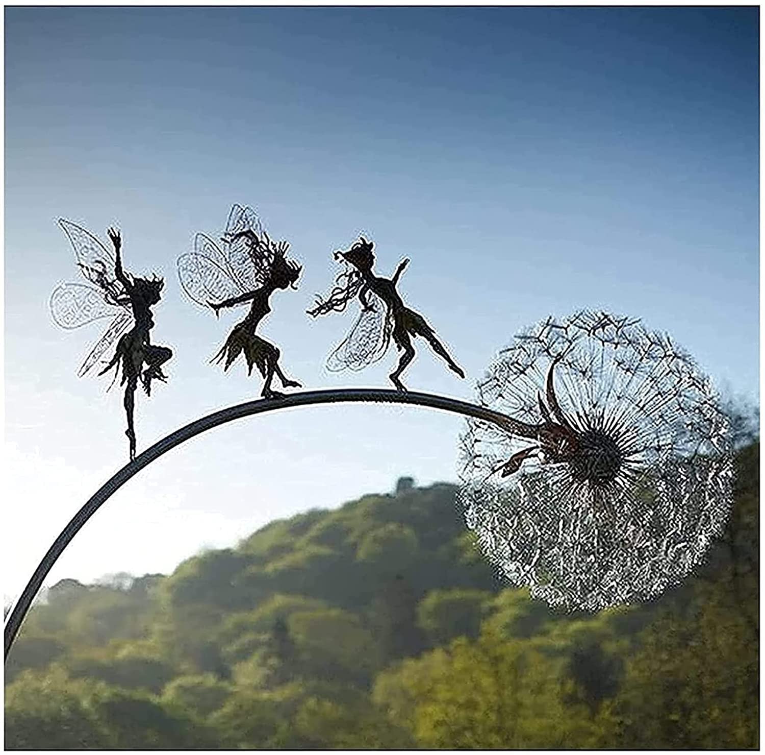 Fairies Dandelions Art Sculpture Dance Together Yard Decorations Stainless Steel Fairy Ornaments Fairy Sculpture Dandelion for Outdoor Decoration Metal