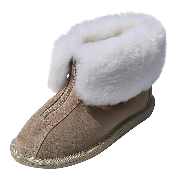 Hollert Unisex Lammfell Hausschuhe Alaska 100% Merino Schaffell Fellschuhe Hüttenschuhe Echtleder mit Reißverschluss