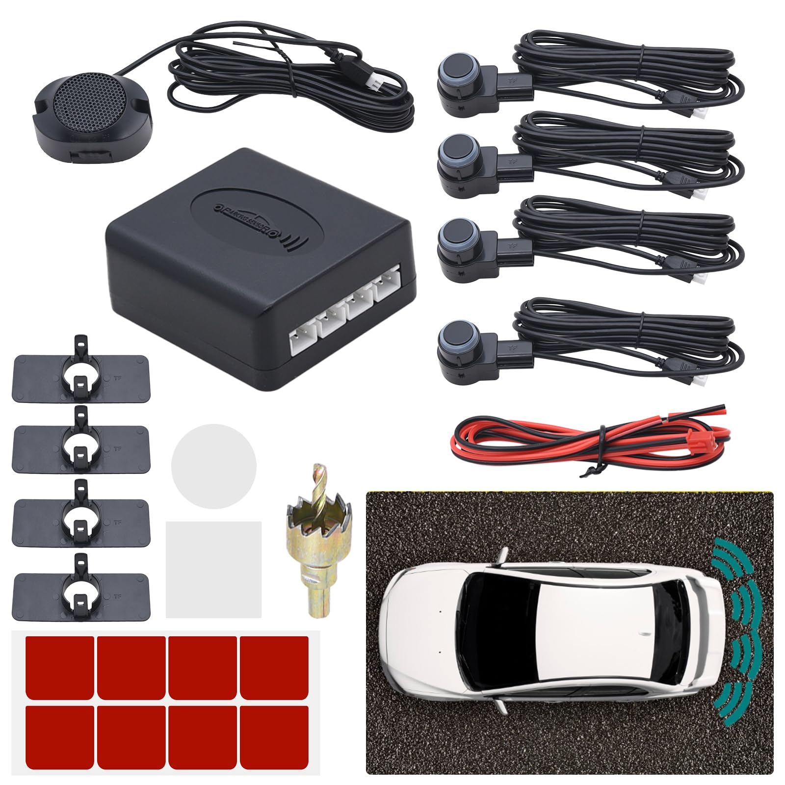 KAOLALI Parking Sensors Car Parking Sensors 4 Sensors Kit Reversing Sensors Audio Buzzer Alarm, Black