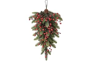 WDDH Christmas Teardrop Swag, 27.6inch Green Pine Needles Teardrop Swag with Red Berries and Pinecone, Greenery Christmas Teardrop Door Swag for Xmas Mailbox Wall Window Decor