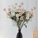 lekymo 12 Pack Artificial Flowers Bulk - 5 White & 5 Cream Fake Mums with 2 Baby’s Breath Stems, Silk Chrysanthemum Pom Pom Floral Arrangements, Long Stem Faux Flowers for Vase, Wedding, Home Decor