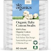 Sky Organics Organic Baby Cotton Swabs 60ct, Baby Safe Tips, Chlorine-Free | Made with Organic Cotton. Ultra Soft, Hypoallergenic &amp; Newborn Safe. Gentle, Strong, Sustainable, &amp; Cruelty-Free. Baby Care.