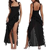 LEOMOSTE Womens High Slit Bodycon Maxi Dress Ruffle Flowy Sleeve Square Neck Midi Dress Party Dress